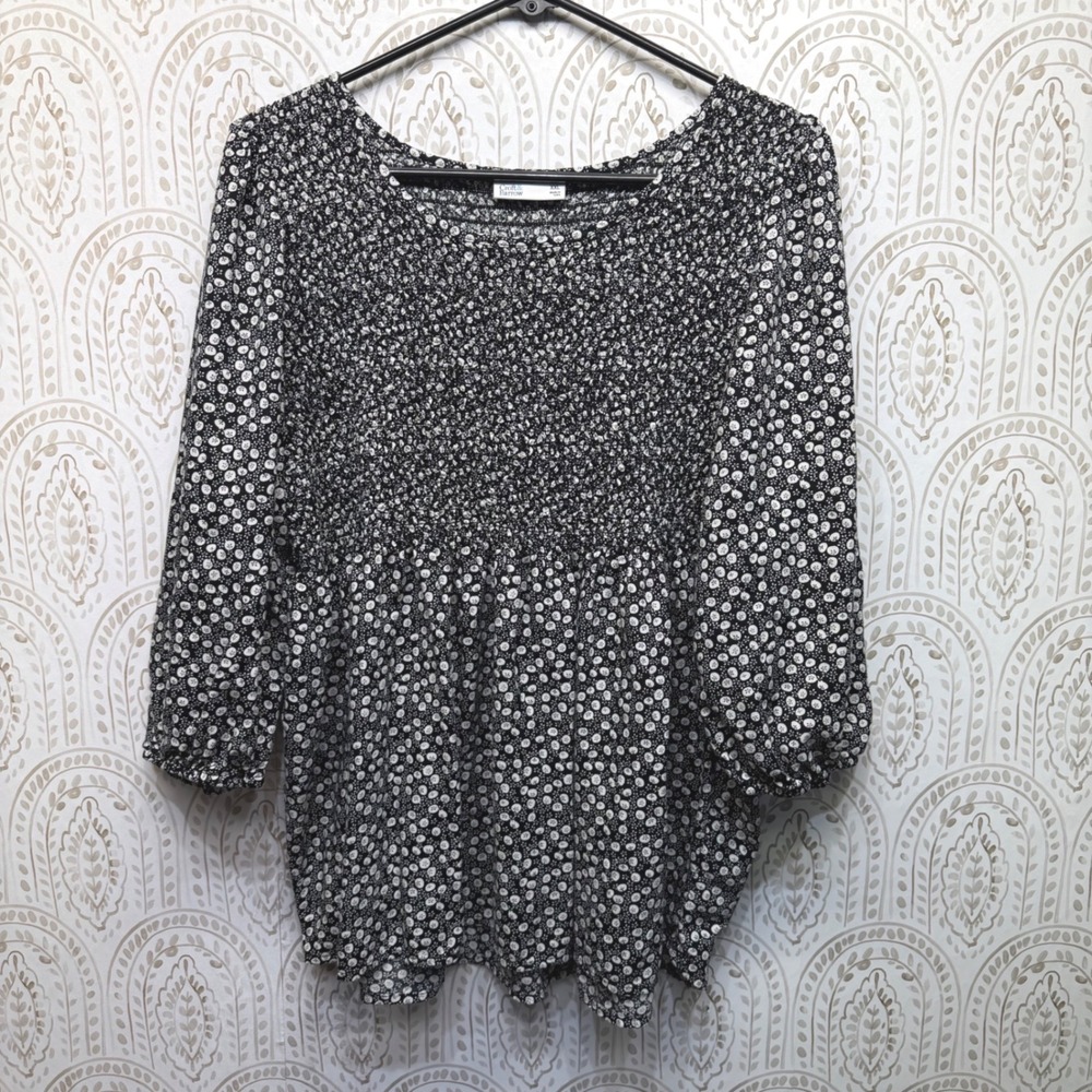 Croft & Barrow Womens XXL Black White Floral Smocked 3/4 Sleeve Blouse Top‎